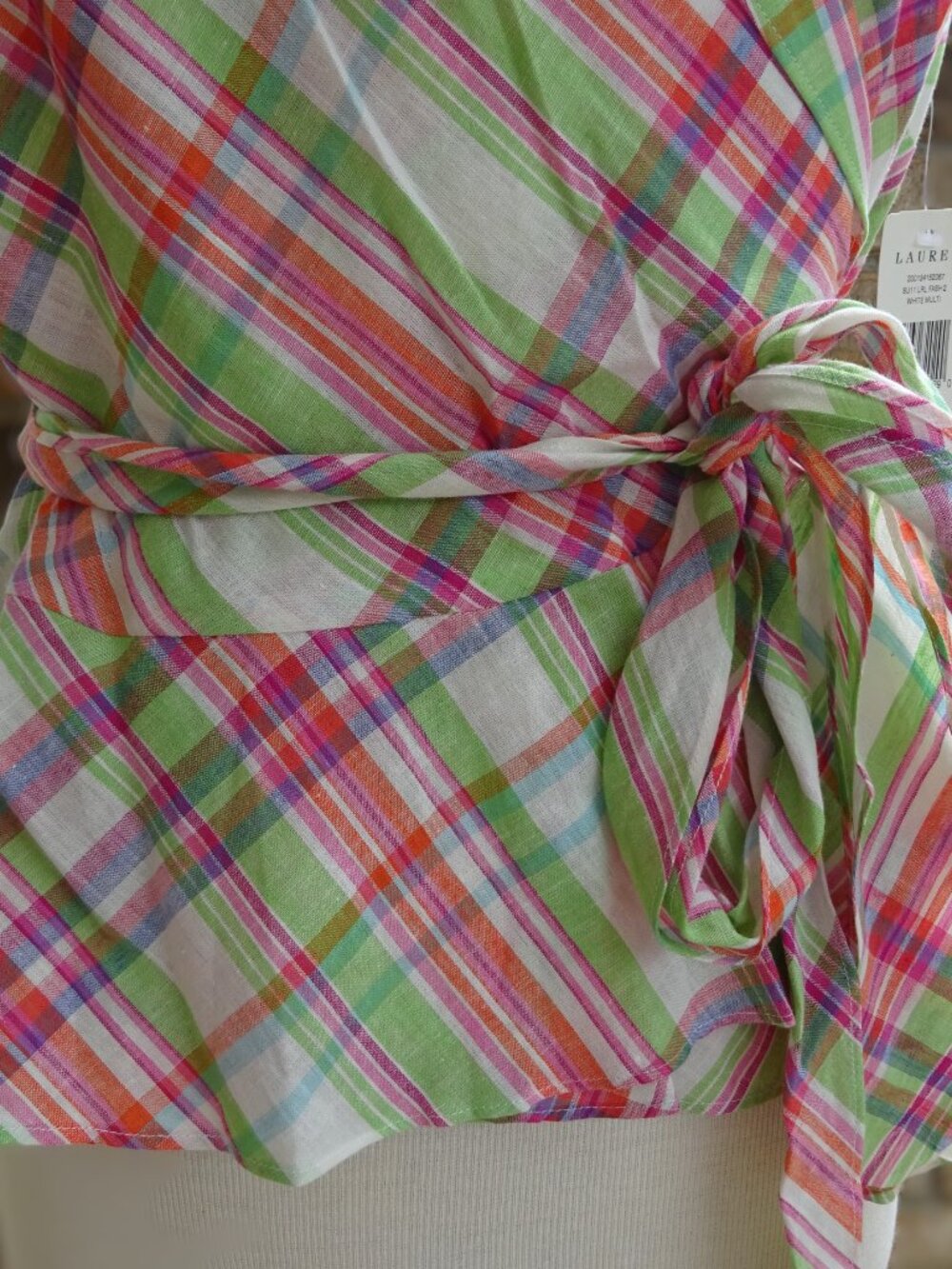 Lauren Ralph Lauren Pink Green Plaid Wrap Blouse - Size L - Picture 2 of 9